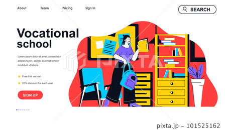 Vocational school concept for landing page template. Student studies, rushes to classes, gets skills. Professional education people scene. Vector illustration with flat character design for web banner Vocational school concept for landing page template. Student studies, rushes to classes, gets skills. Professional education people scene. Vector illustration with flat character design for web banner 101525162