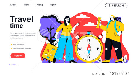 Travel time concept for landing page template. Man and woman with luggages and compass goes on trip. Vacation and tourism people scene. Vector illustration with flat character design for web banner 101525184