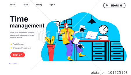 Time management concept for landing page template. Employee hurries to finish documents work on time. Office working process people scene. Vector illustration with flat character design for web banner 101525193