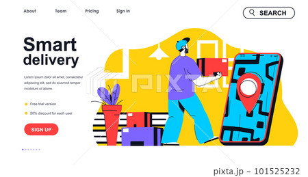 Smart delivery concept for landing page template. Courier holds box and delivering to client. Shipment service in mobile app people scene. Vector illustration with flat character design for web banner 101525232
