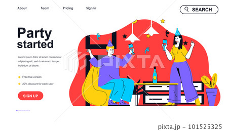 Party started concept for landing page template. Happy man and woman drinking champagne and having fun. Celebrating holiday people scene. Vector illustration with flat character design for web banner 101525325