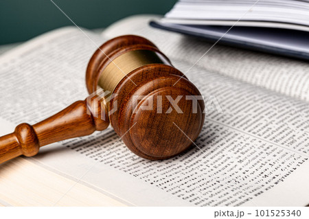 Close up of a brown wooden gavel and book 101525340
