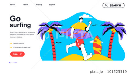 Go surfing concept for landing page template. Man with surfboard running into ocean. Active water sports, extreme hobby people scene. Vector illustration with flat character design for web banner 101525519