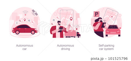Autonomous vehicle abstract concept vector illustration set. Autonomous car driving, self-parking car system, test-drive, future transport system, smart technology, robotic vehicle abstract metaphor. 101525796