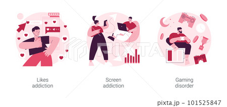 Digital overload abstract concept vector illustration set. Likes and screen addiction, social media, gaming disorder, selfie posting, video game addict, mental health problem abstract metaphor. Digital overload abstract concept vector illustration set. Likes and screen addiction, social media, gaming disorder, selfie posting, video game addict, mental health problem abstract metaphor. 101525847