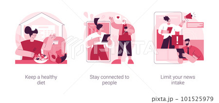 Self-qarantine wellbeing abstract concept vector illustration set. Keep a healthy diet, stay connected to people, limit your news intake, home cooking, social media connections abstract metaphor. 101525979