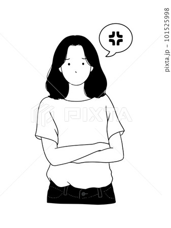 腕を組む怒る女性のモノクロ線画イラスト 101525998