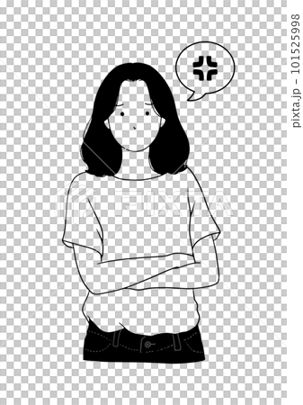 腕を組む怒る女性のモノクロ線画イラスト 101525998