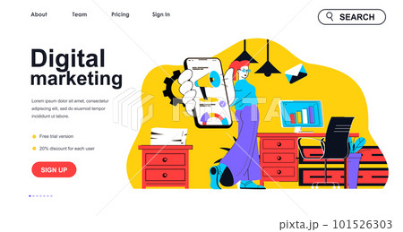 Digital marketing concept for landing page template. Marketer analyzes data, makes ads in mobile app. Online promotion people scene. Vector illustration with flat character design for web banner 101526303