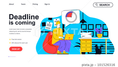 Deadline is coming concept for landing page template. Employee working and trying to complete task on time. Time management people scene. Vector illustration with flat character design for web banner Deadline is coming concept for landing page template. Employee working and trying to complete task on time. Time management people scene. Vector illustration with flat character design for web banner 101526316