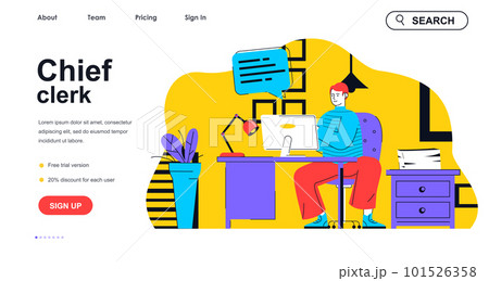 Chief clerk concept for landing page template. Employee doing tasks and working on computer in office. Supervisor workspace people scene. Vector illustration with flat character design for web banner 101526358