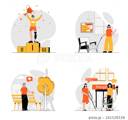 Disabilities people concept with character set. Collection of scenes disabilities people being rehabilitated at hospital, walk in park, wining Paralympic Games. Vector illustrations in flat web design 101526538