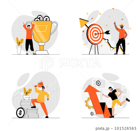 Business success concept with character set. Collection of scenes people increase company revenue at graphs, achieve goals and target aim, win gold trophy. Vector illustrations in flat web design 101526563