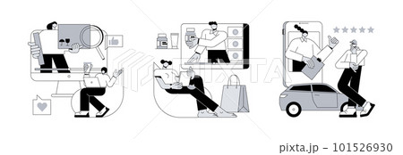 Video content abstract concept vector illustration set. Unboxing video, product and car review, blog monetization, online test-drive, features overview, rating service, advertising abstract metaphor. 101526930