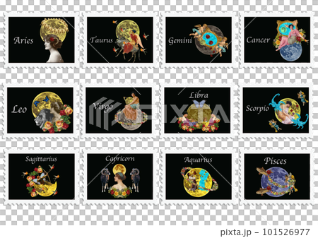 12 星座復古郵票風格標籤設計 101526977