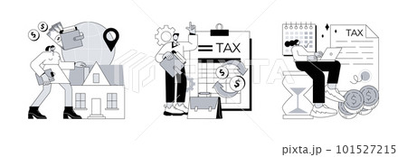 Tax planning and preparation abstract concept vector illustration set. International and non-resident taxes, corporation income tax return, payment deadline, vat refund, fiscal year abstract metaphor. Tax planning and preparation abstract concept vector illustration set. International and non-resident taxes, corporation income tax return, payment deadline, vat refund, fiscal year abstract metaphor. 101527215