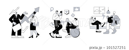 Society development abstract concept vector illustration set. Generation X and Z, young people and parents conflict, generation gap, middle age work-life balance, social media abstract metaphor. 101527251