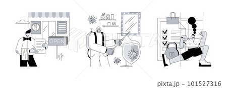 Covid19 business restrictions abstract concept vector illustration set. Restaurants reopening, beauty salons sanitation, fitness clubs and gyms pandemic regulations, social distance abstract metaphor. 101527316