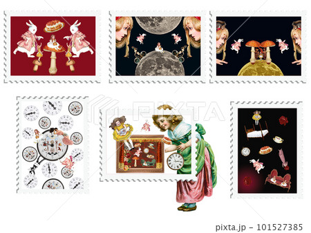 不思議のアリス切手風ビンテージラベルデザイン 不思議のアリス切手風ビンテージラベルデザイン 101527385