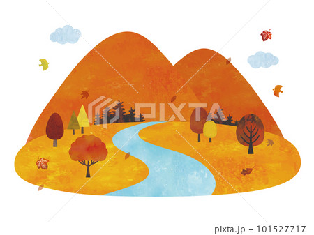 秋の紅葉の山と川の風景水彩画 101527717