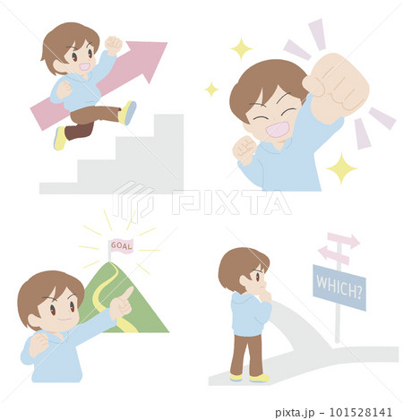 手描き風の若い男性のイラストセット（ステップアップ・選択・目標・達成） 101528141