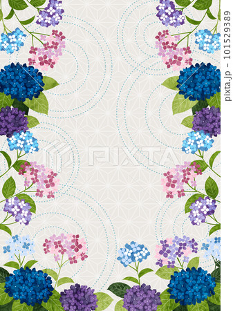 逆アーチあじさいの梅雨和柄背景タテ白 101529389