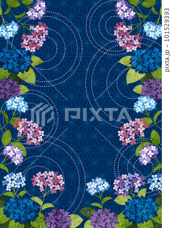 逆アーチあじさいの梅雨和柄背景タテ青 逆アーチあじさいの梅雨和柄背景タテ青 101529393