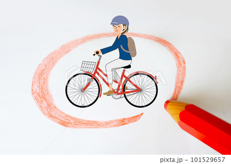 自転車の女性を大きい色鉛筆で強調 自転車の女性を大きい色鉛筆で強調 101529657