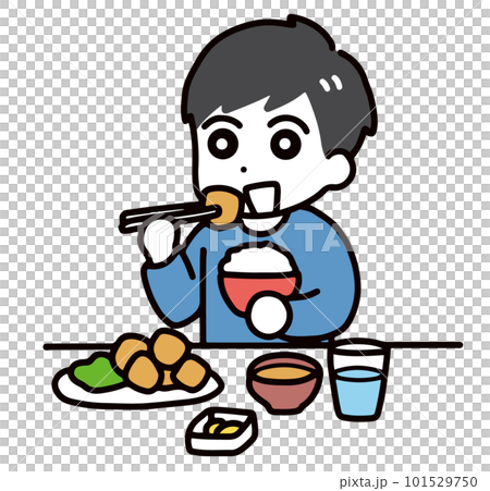 A young man in casual clothes (upper body) eating rice, fried chicken, miso soup, etc. A young man in casual clothes (upper body) eating rice, fried chicken, miso soup, etc. 101529750