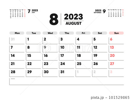 2023年8月のカレンダー - 月曜始まりの月めくりマンスリーカレンダー - 3ヶ月分・A版比率のイラスト素材 [101529865] - PIXTA