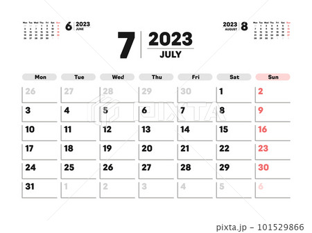 2023年7月のカレンダー - 月曜始まりの月めくりマンスリーカレンダー - 3ヶ月分・A版比率のイラスト素材 [101529866] - PIXTA