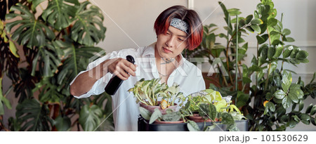 Asian guy spraying flowerpots on a stand in the room 101530629