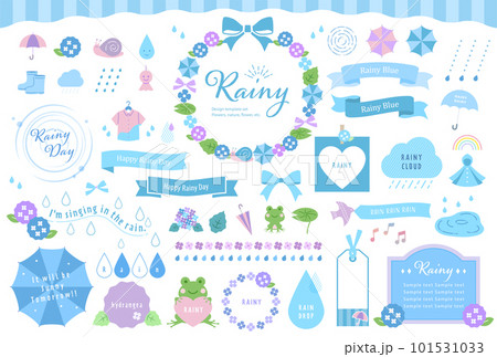 梅雨のイラストとフレームセット / あしらい、雨、紫陽花、リボン、飾り枠、自然, 見出し,ベクター 101531033