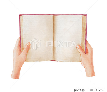 Green open book in female hands. Hand drawn literature for reading and study. Watercolor illustration isolated on white. 101531282