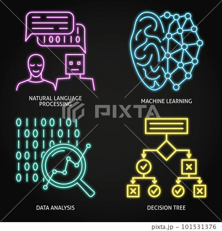 Data analysis and machine learning neon icon set Data analysis and machine learning neon icon set 101531376