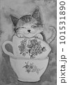 水彩画、ティーカップで眠る子猫 101531890