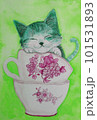 水彩画、ティーカップで眠る子猫 101531893