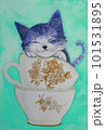 水彩画、ティーカップで眠る子猫 101531895