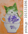 水彩画、ティーカップで眠る子猫 101531896