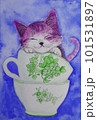 水彩画、ティーカップで眠る子猫 101531897