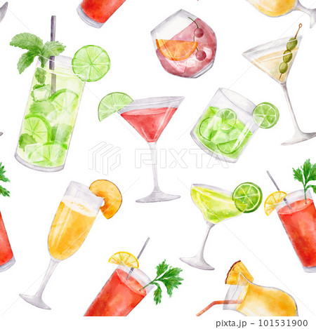 Seamless pattern with cocktails. Watercolor endless background with drink in glass isolated on white Seamless pattern with cocktails. Watercolor endless background with drink in glass isolated on white 101531900