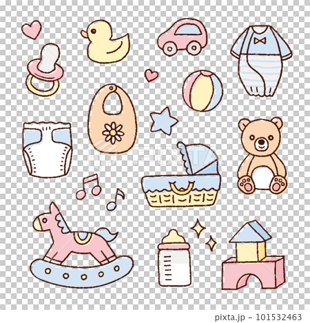 かわいいベビーグッズの手描き線画イラスト／パステルカラー 101532463