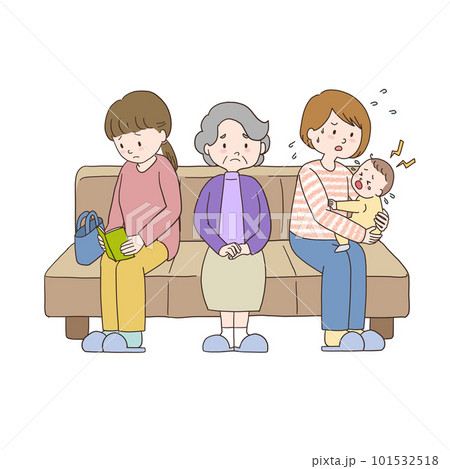 待合室でソファーに座る泣く赤ちゃんとお母さん 101532518