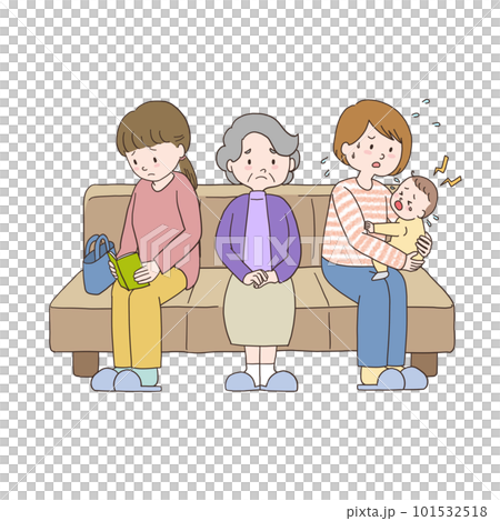 待合室でソファーに座る泣く赤ちゃんとお母さん 101532518