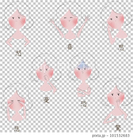 與一位年輕女性一起表達憤怒,喜悅,思想,悲傷,恐懼,悲傷和驚訝的七種情緒(七種情緒)的插圖,這些情緒是東方醫學疾病的原因。 與一位年輕女性一起表達憤怒,喜悅,思想,悲傷,恐懼,悲傷和驚訝的七種情緒(七種情緒)的插圖,這些情緒是東方醫學疾病的原因。 101532683