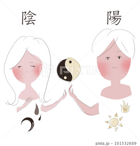 東洋医学の概念の「陰陽」の違いを、男女や太陽と月などで表したイラスト 東洋医学の概念の「陰陽」の違いを、男女や太陽と月などで表したイラスト 101532689