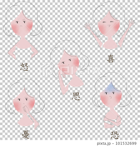 插圖顯示憤怒、喜悅、思想、悲傷和恐懼的五種情緒 (goshi)，這些情緒是東方醫學中疾病的原因，與一位年輕女子一起 101532699
