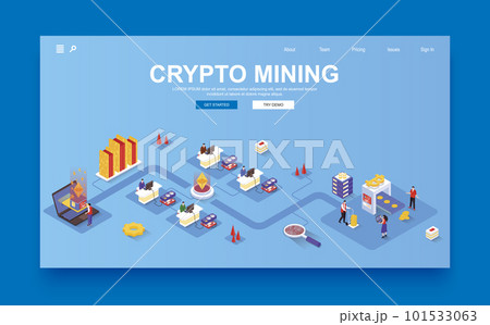 Cryptocurrency mining concept 3d isometric landing page template. People work on amining farm, monitor operation of equipment to receive bitcoins. Vector illustration in isometry graphic design 101533063