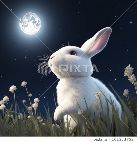 お月見に夜の草原で満月を見上げる白いうさぎ　AI画像 101533755