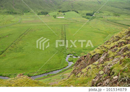 Scenic view of green valley with river near the great Geysir of Iceland in Blaskogabyggd, Iceland 101534079